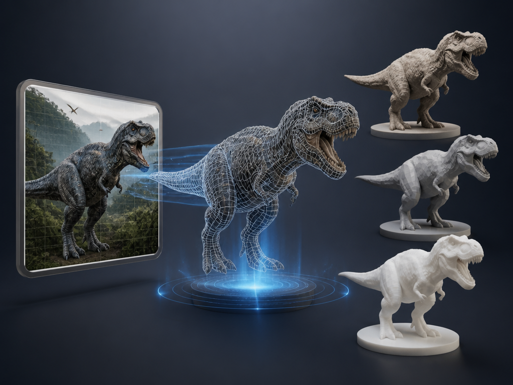 Pixmax image-to-3D model AI cover showing a dinosaur photo converted into wireframe and 3D model previews