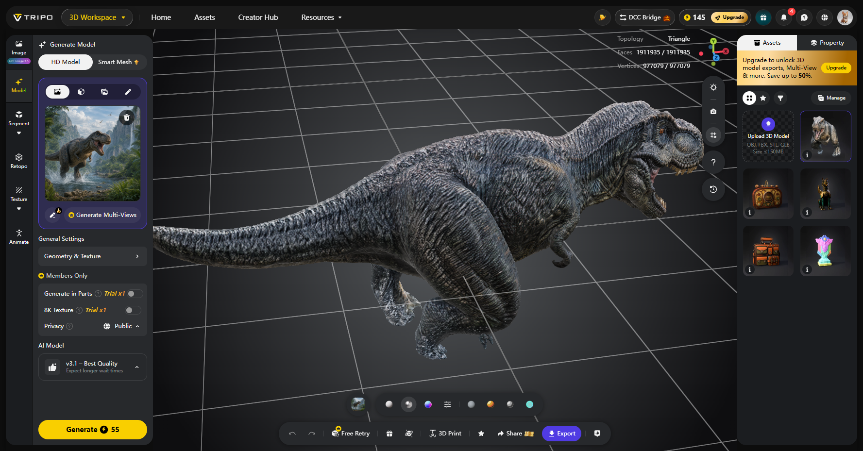 这张图片展示了Tripo AI的图像转3D模型工具界面,页面中央呈现出一个基于输入的恐龙图像生成的恐龙三维模型,处于带网格的工作区域内。界面左侧是生成设置面板,当前选中“HD Model”模式,设置了仅输出几何体和纹理、优先生成细节的“+1 – Best Quality”选项,还有每月15次生成的相关提示。界面右侧排列着多个模型资产选项,顶部为Tripo AI的功能导航栏,整体直观呈现了该工具生成三维模型的操作界面与成果效果。
