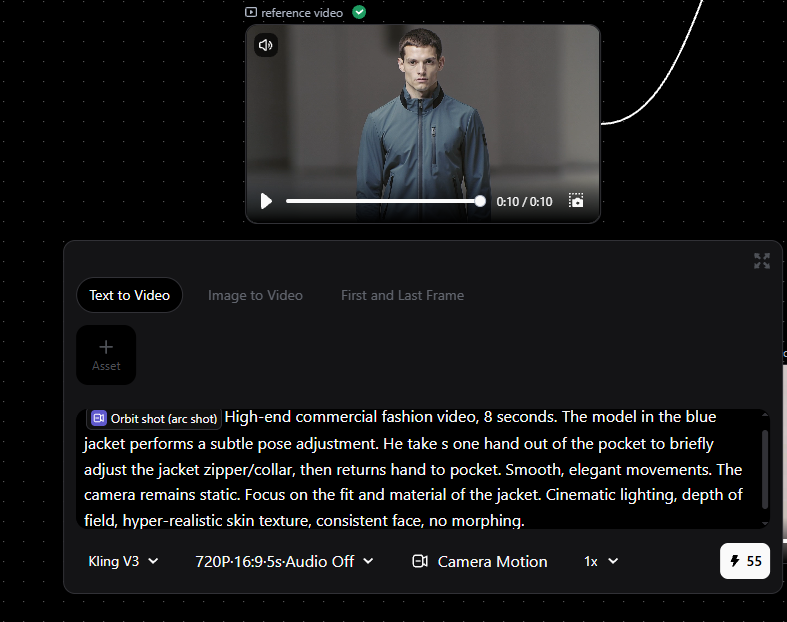 Pixmax Kling V3 prompt for an orbit-shot fashion video