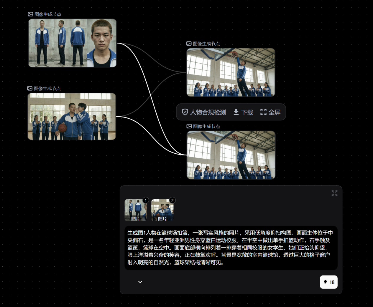 图片展示了项目树状图功能示例。画面中有多个视频片段,如篮球训练、人物跳高等,通过线条连接,形成树状结构。画面右下角有“人物合规检测”按钮,下方是生成的图片描述,包含人物、场景等信息。该图与文档中新增项目树状图便于管理复杂项目的内容相关,直观呈现了项目树状图功能的实际应用效果。