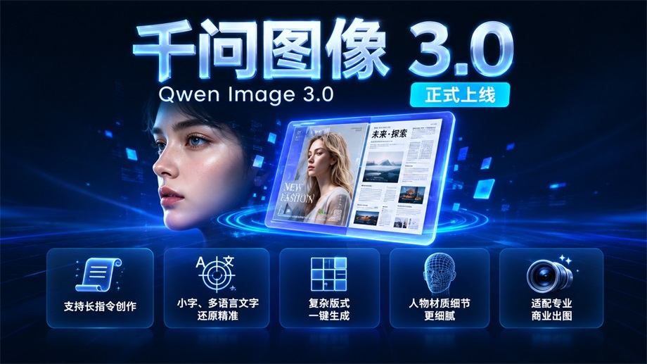 图片展示千问图像 3.0正式上线宣传画面,左侧为精细人物面部特写,中间为复杂杂志版式示例,底部列出支持长指令创作、小字多语言文字还原、复杂版式一键生成、人物材质细节更细腻、适配专业商业出图等能力,对应文档中“千问图像 3.0正式上线”的内容。
