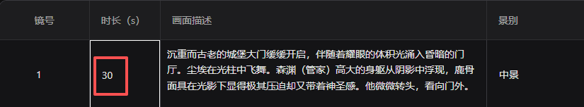 图片展示画布分镜脚本表格中的镜头条目,红色框突出标注时长字段为30秒,同时显示镜号、画面描述与景别等信息,对应文档中分镜脚本支持生成30s镜头、新增30s镜头模板的更新内容。