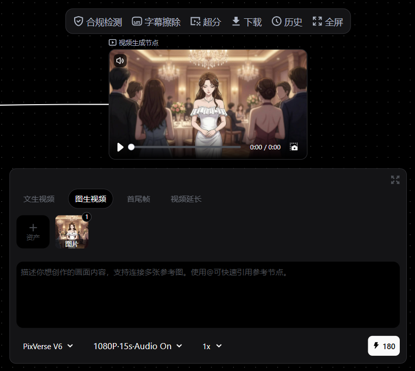 图片展示的是Seedance2.0视频生成界面。上方有合规检测、字幕擦除、超分、下载、历史、全屏等操作按钮。中间视频预览框显示一位女性在宴会场景中。下方有文生视频、首尾帧、视频延长选项,以及“描述你想创作的画面内容,支持连接多张参考图,使用@可快速引用参考节点”的输入区域。左下角显示PixVerse V6、1080P - 15s - Audio On、1x等设置,右下角有180字数提示。该图片与文档中新增Pixverse V6模型的内容相关,直观呈现了视频生成功能界面。