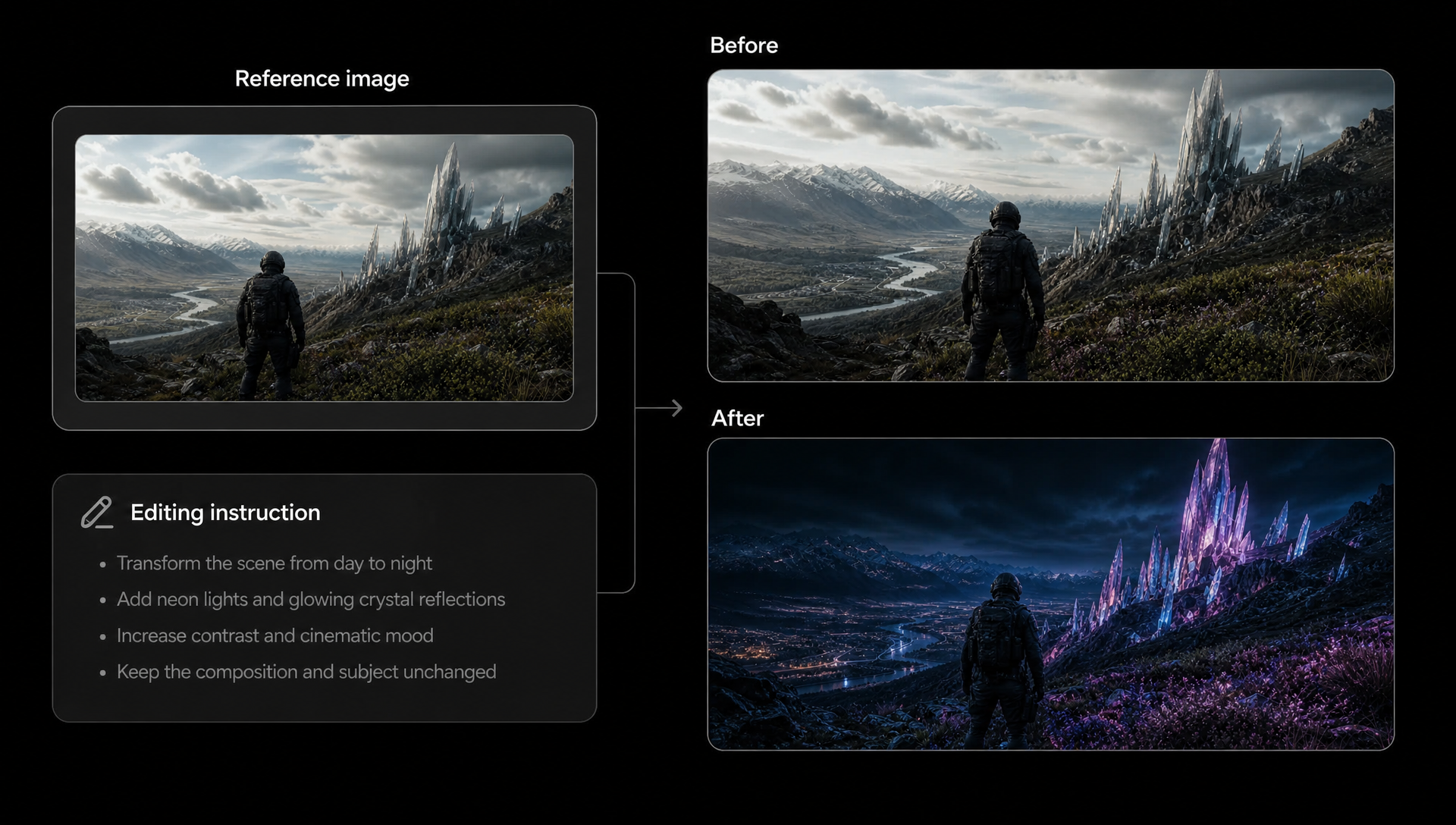 Qwen-Image-3.0 image editing workflow showing reference, before, and after panels