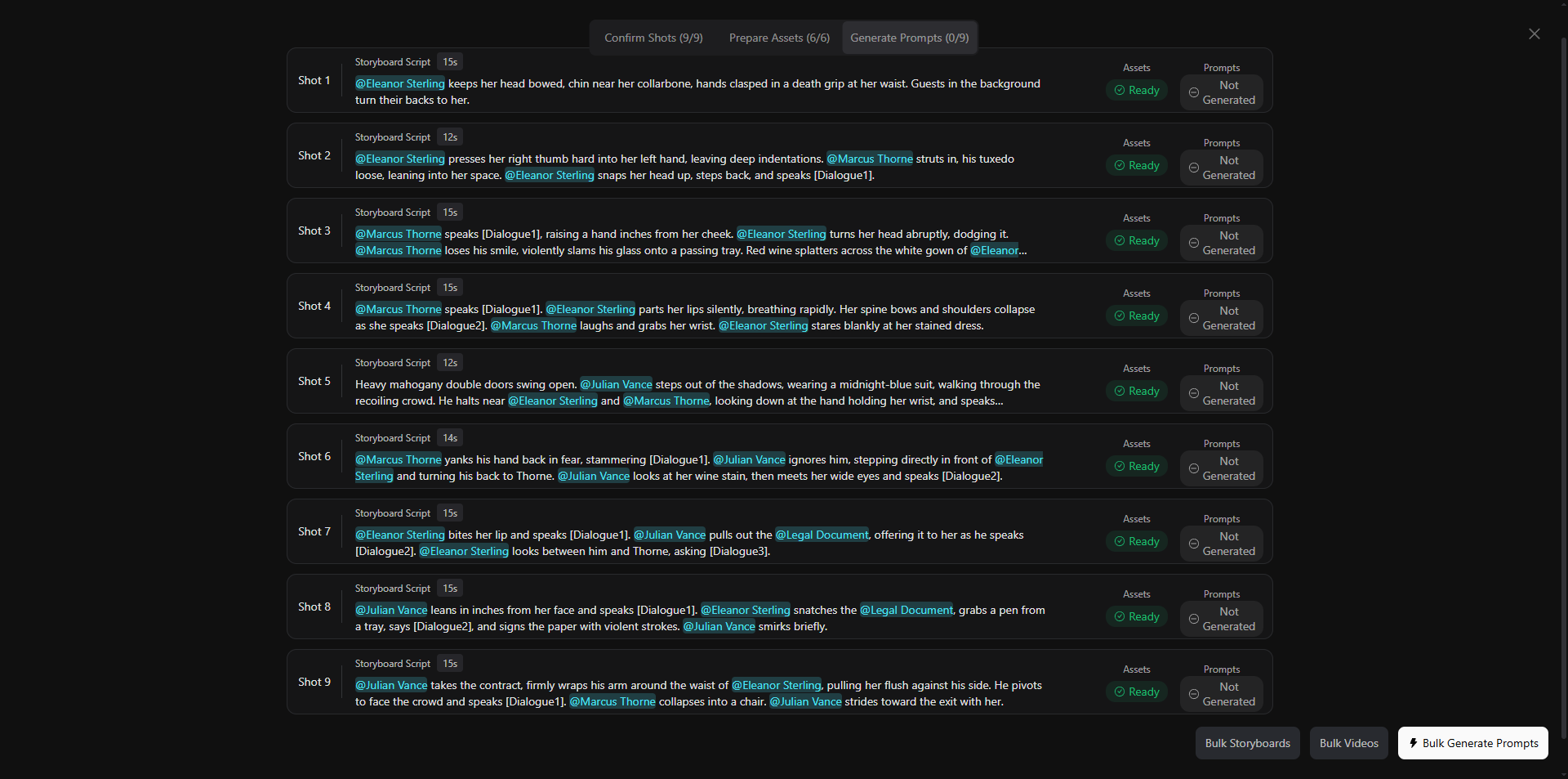 Bulk Generate Prompts modal listing nine storyboard shots