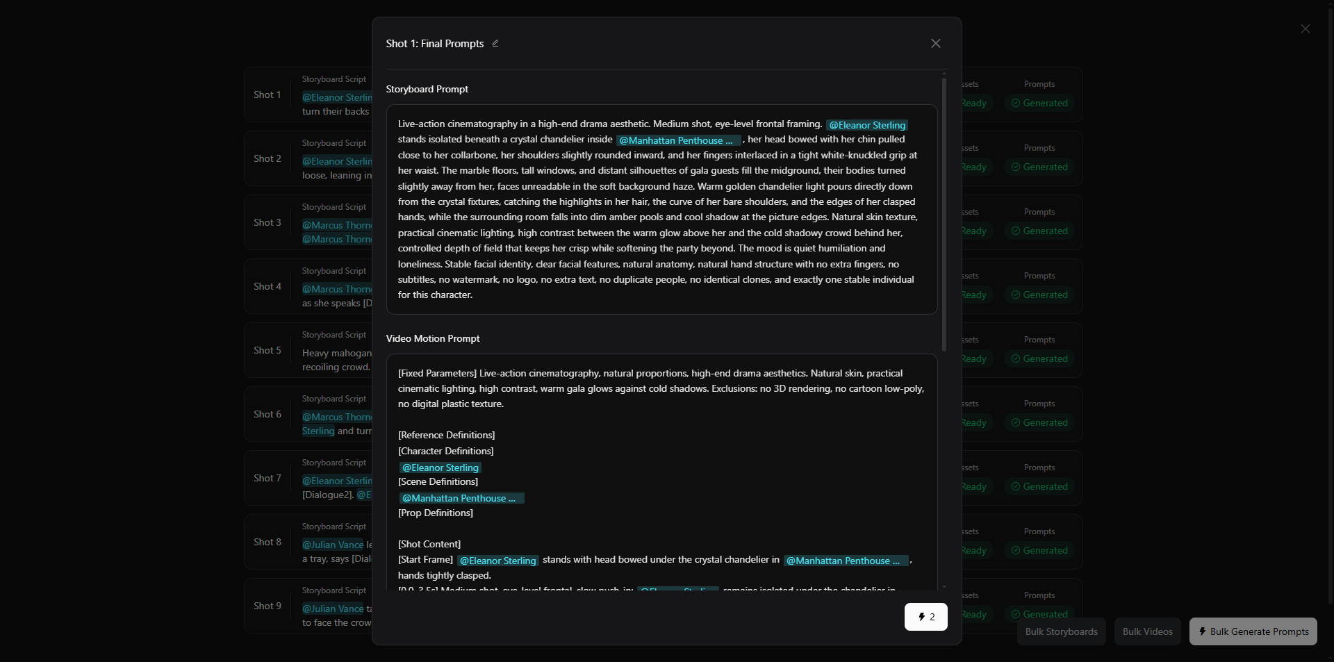 Bulk Generate Storyboard Videos modal with resolution, aspect ratio, audio, and format options