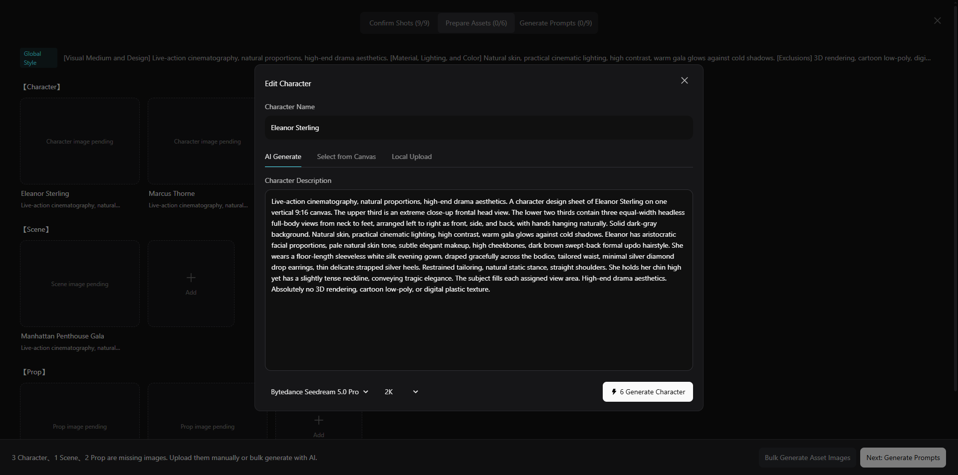 Edit Character modal for Eleanor Sterling with description and generation settings