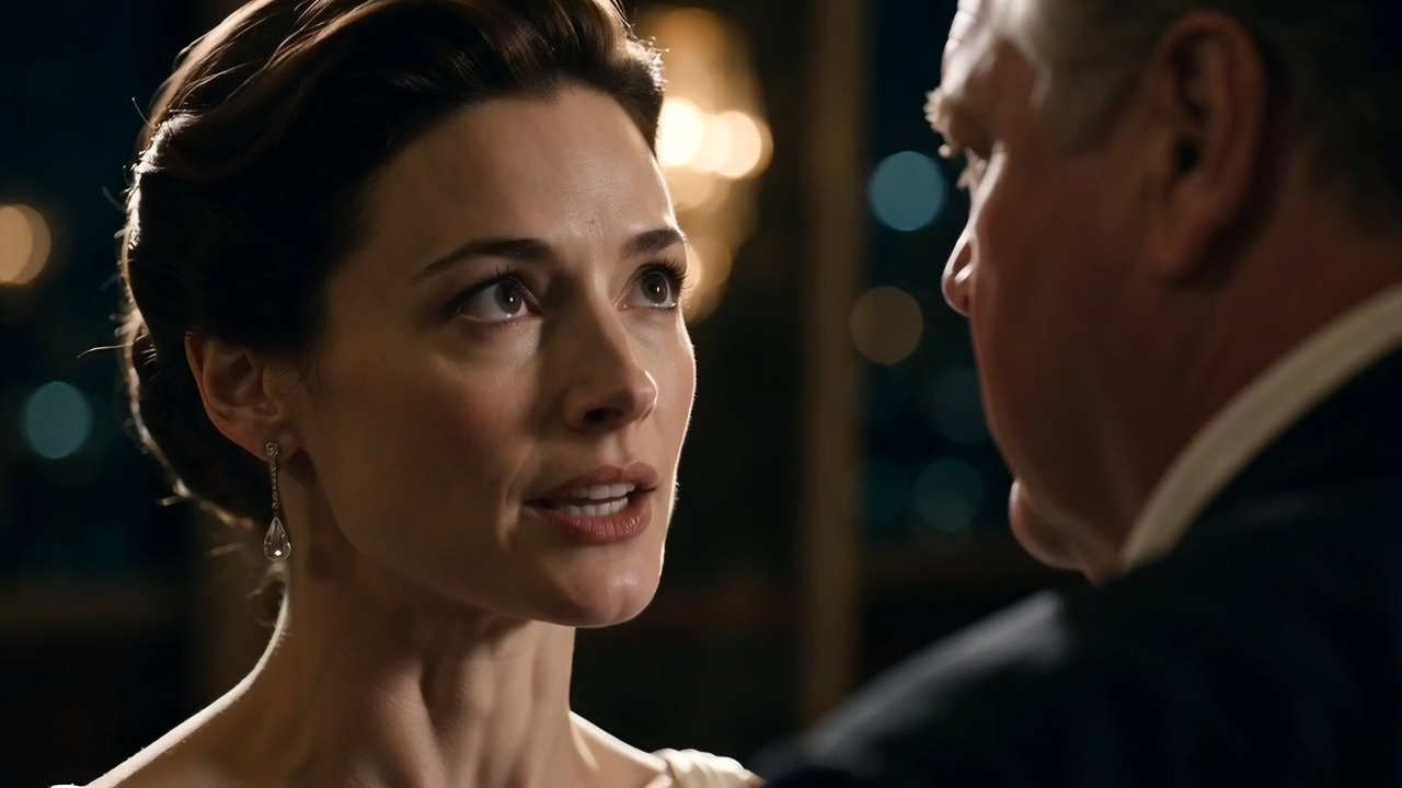 Tense close-up of Eleanor Sterling confronting Marcus Thorne at a gala