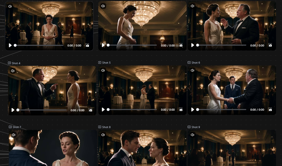 Storyboard video output gallery showing the finished nine-shot sequence