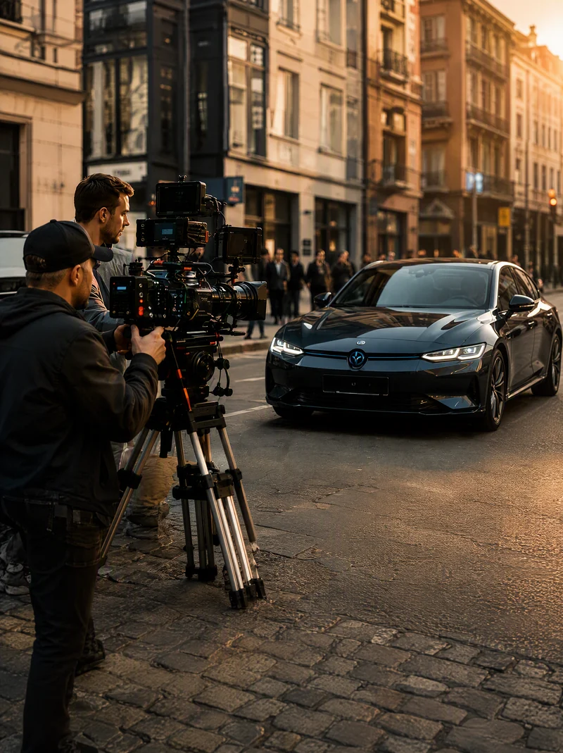 Film crew producing a car advertisement