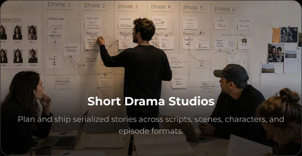 Short drama studio team planning episodes on a production wall