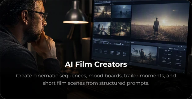 AI film creator reviewing cinematic scenes at a workstation