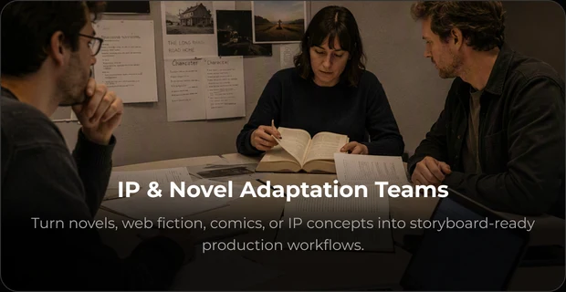 Novel adaptation team discussing a book and story notes