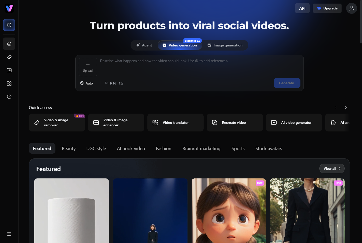 Vmake AI video generator interface for turning a product image into video