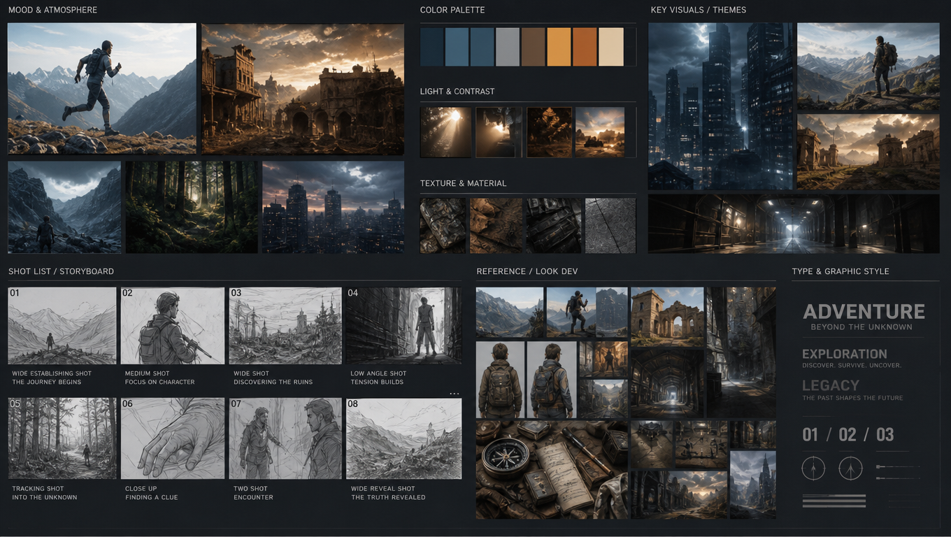 Visual previsualization moodboard and color palette