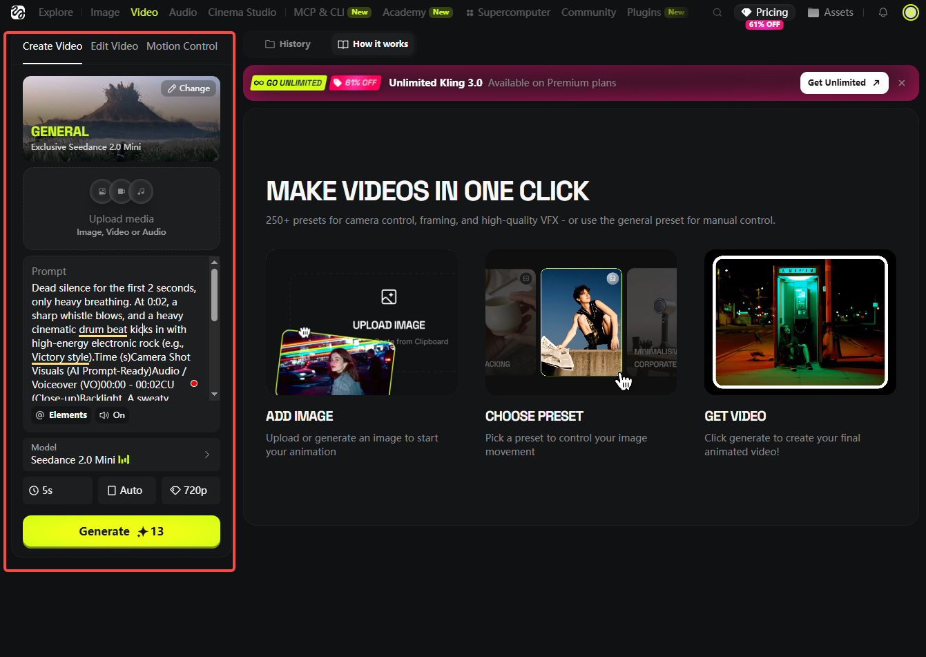 Higgsfield AI video generator interface