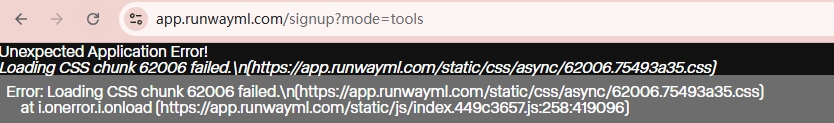 Runway signup error screen