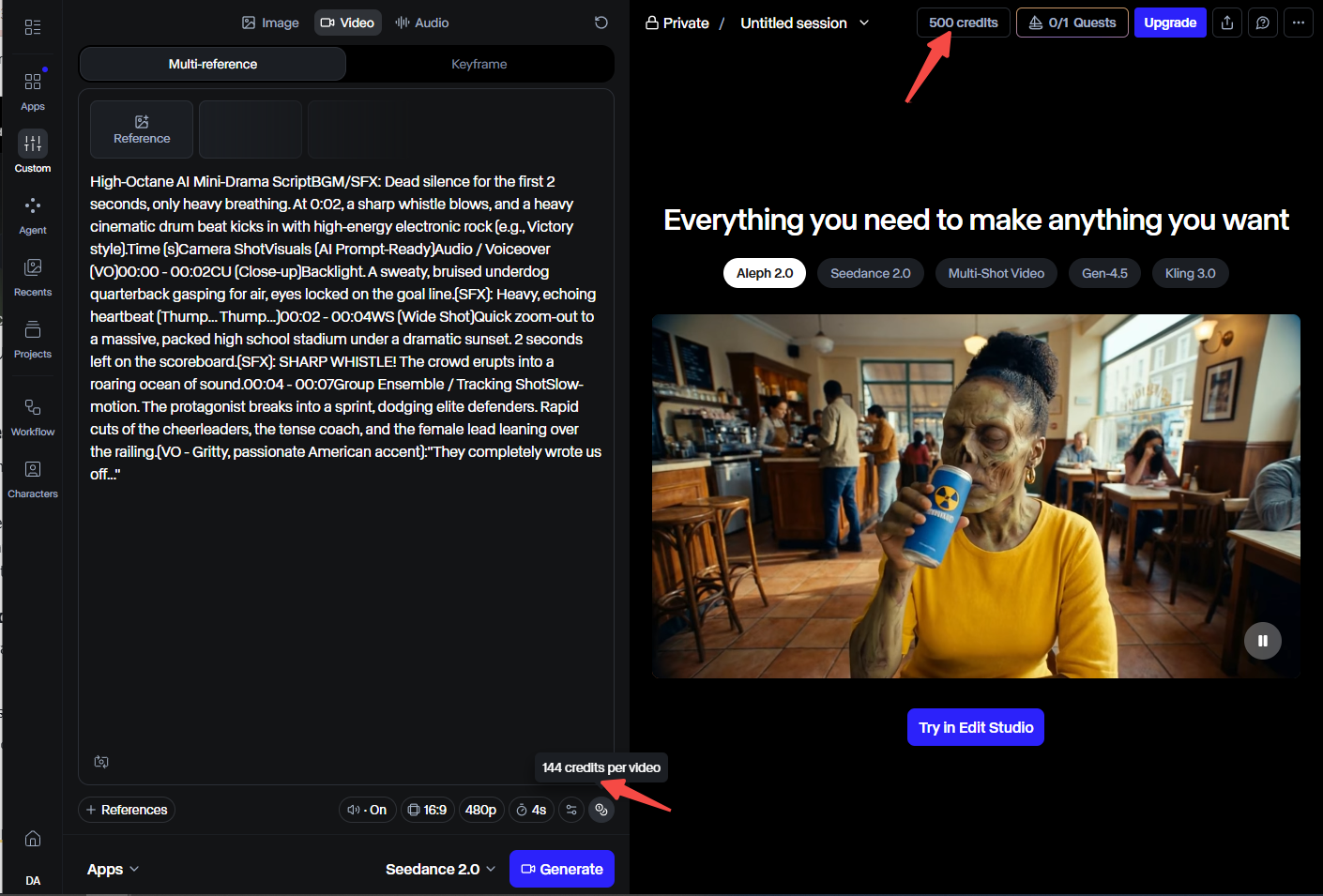 Runway video generation workspace