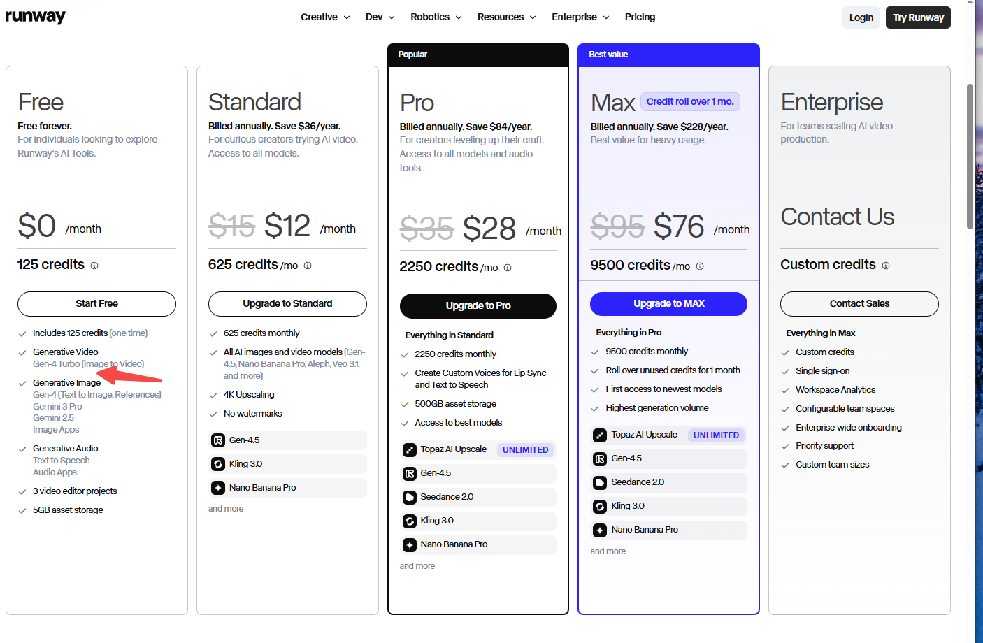 Runway pricing plan screenshot