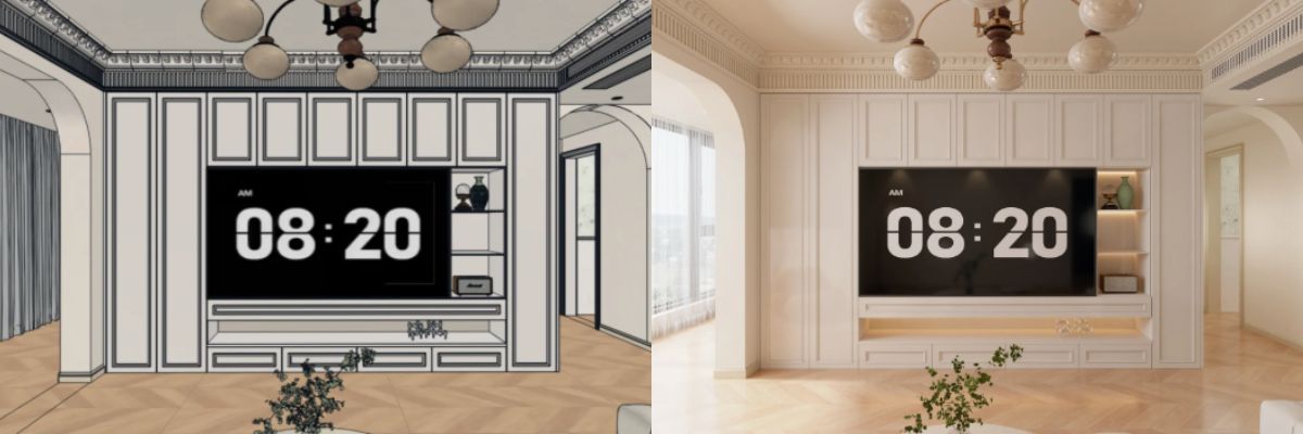 室内效果图渲染白模与效果图对比