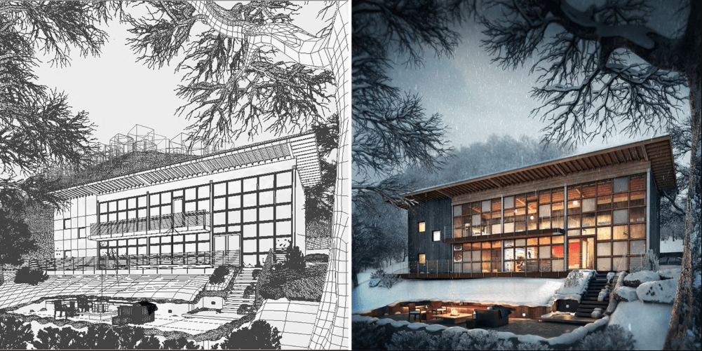 建筑线稿图与渲染效果图