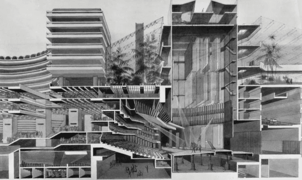 伦敦巴比肯艺术中心的详细剖面图