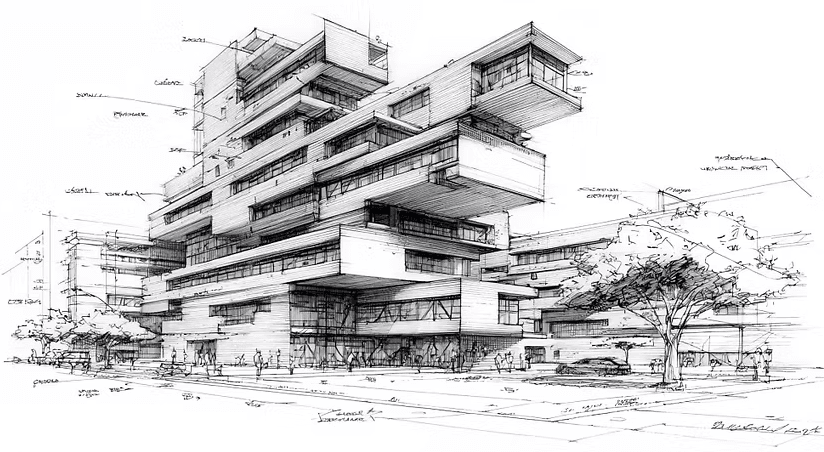 建筑效果图：素描风格