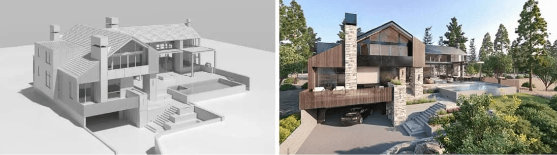 建筑效果图渲染白模与效果图对比